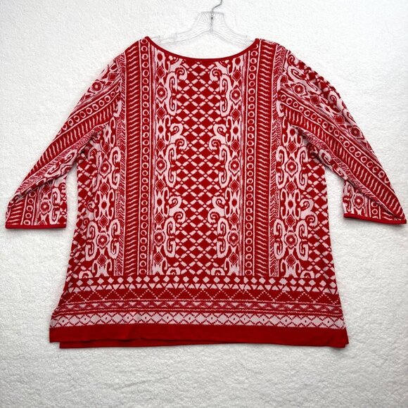 Susan Graver Liquid Knit Top Bold Red Print Keyhole Front Travel Comfort Size 1X - Picture 5 of 10